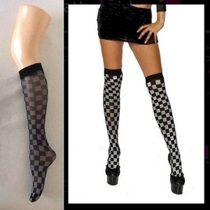 CHEQUERED Stocking-Socks GREY Black KNEE-HIGH Over-the-Knee RACER Costume WORK - Picture 1 of 4