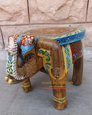 Wood Elephant Stool Hand Made Natural Finish Embossed Painted Indian Art - Image 1 of 4