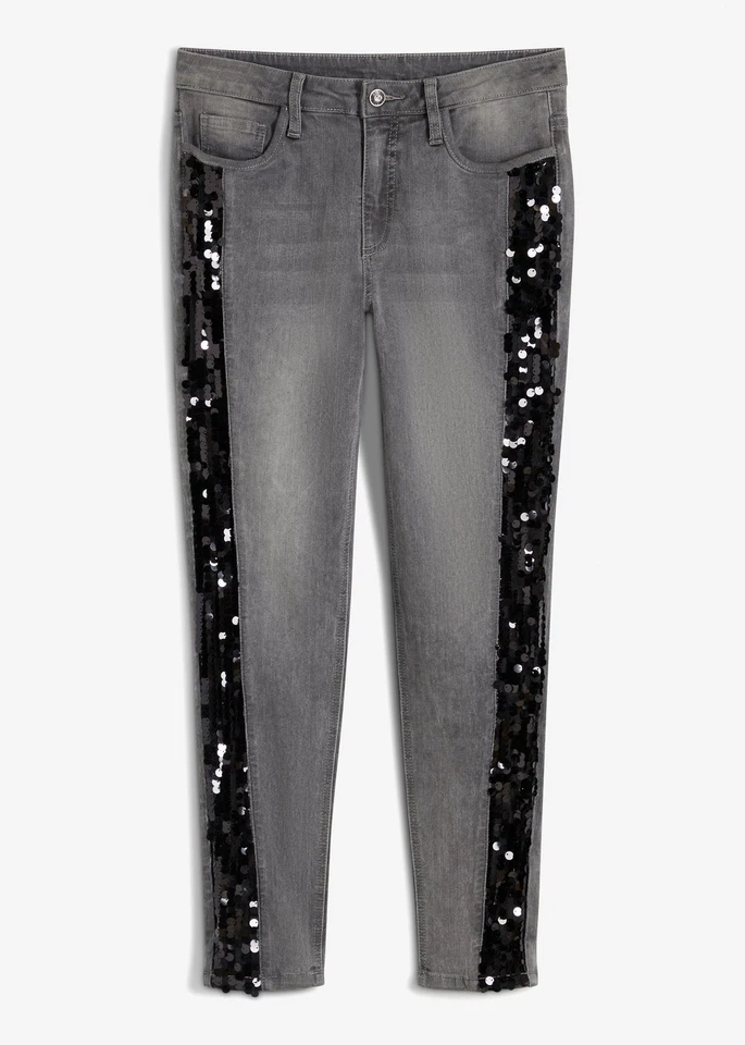 Skinny-Jeans mit Pailletten regular Gr. 40 Grau Denim Damenjeans Hose Pants Neu - Bild 1 von 1