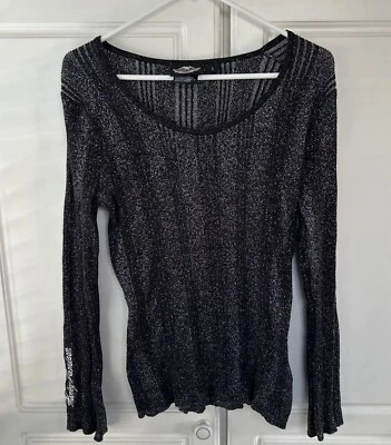 Harley Davidson Серебряный черный металлик пуловер рубашка декольте большой эластичной - Изображение 1 из 4