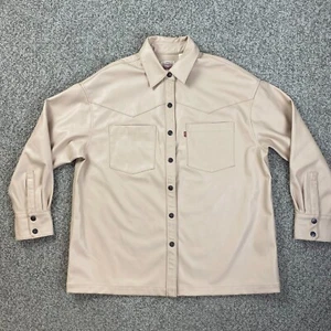 Levis Jacket Mens Small Beige Western Shirt Shacket Faux Leather Snap Button - Picture 1 of 16
