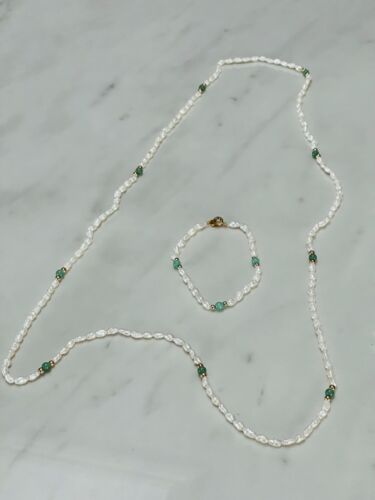 Vintage Rice Pearls & Jade Bead Necklace and Bracelet Set