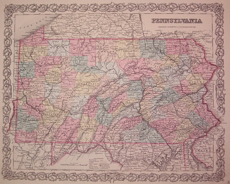 Mapa de Pennsylvania J.H. COLTON 1855 Foto 1 de 1