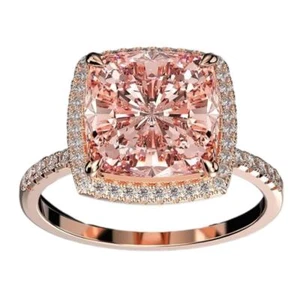925 Moissanite Morganite Color Gemstone Halo Cushion Cut Peachy Pink Ring 9 - Picture 1 of 8