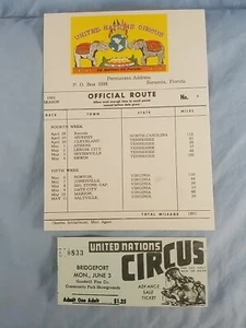 Vintage UNITED NATIONS CIRCUS Lot Ticket & 1963 Route Card - Picture 1 of 2