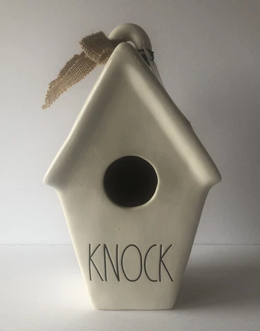 RAE DUNN BY MAGENTA "KNOCK" CERAMIC BIRDHOUSE W/BLACK LETTERS & BURLAP RIBBON Cover