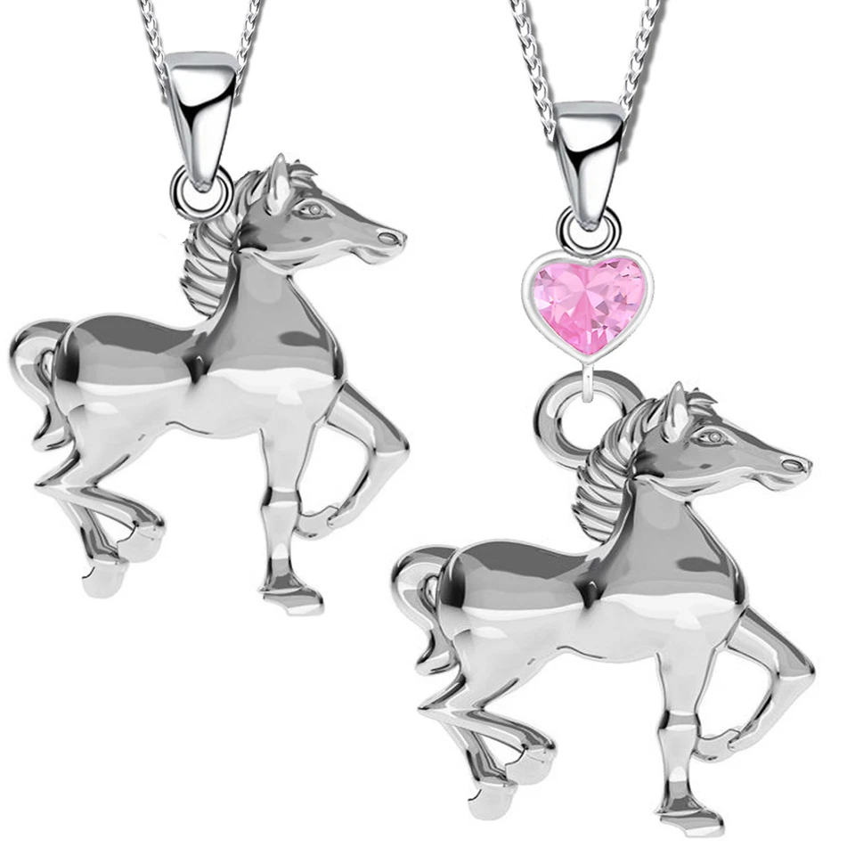 Mädchen Halskette mit Anhänger 925er echt Silber Kristall Pferd Herz für Kinder - Bild 1 von 1
