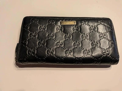 GUCCI GG Logo Guccissima Cuero Negro Placa Dorada Cremallera Alrededor Cartera Larga Cremallera Foto 1 de 4