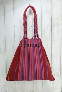 Handmade Hand Woven Cotton Red Rainbow Striped Mexican Tote Bag Boho, Bohemian - Picture 1 of 9