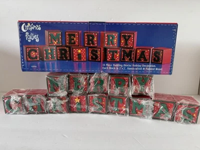 Vintage 1994 MERRY CHRISTMAS Stackable Blocks 14-Piece Decoration Follies Wood - Image 1 of 4