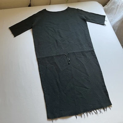 BLACK CRANE black textured cotton rayon short sleeve raw fray hem midi dress - Image 1 of 4