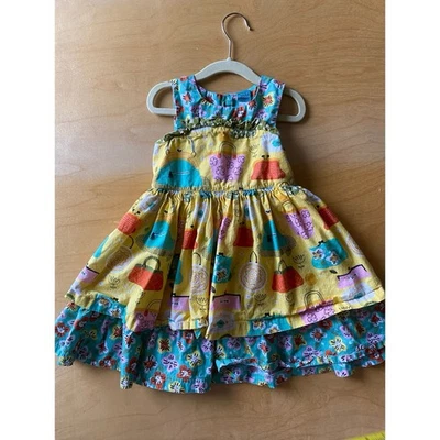 Little Miss Marmalade Vintage Inspired Yellow Blue Purse Print Girl’s Dress 4T - Image 1 of 4