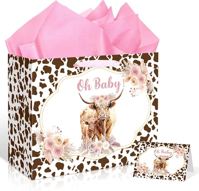 Large Cow Baby Gift Bag Highland Cow Gift Bag with Handles Tissue Paper and Card - Image 1 of 4