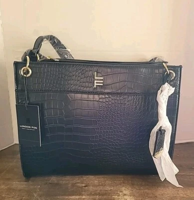 London Fog Large Black Bag Brielle Croco Satchel NWT - Image 1 of 4