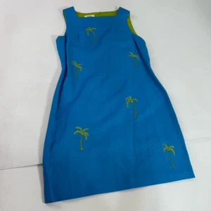 VTG Talbot's Dress Womens14 Blue Linen Preppy Palm Embroidered Beachy Tropical - Picture 1 of 10