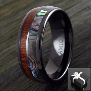 Black Hi-Tech Ceramic Men's Hawaiian Koa Wood & Abalone Band Ring Size 9-13 - Picture 1 of 5