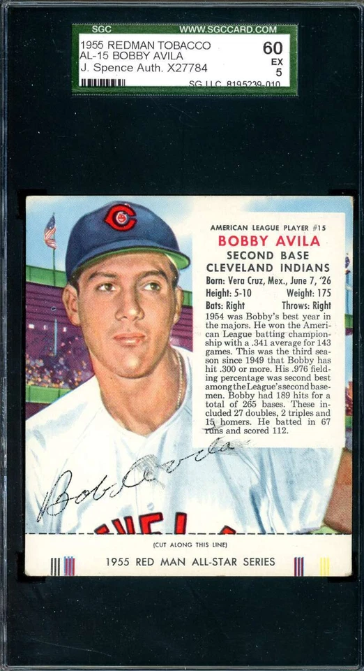 Bobby Avila JSA SGC Certificado de Autenticidad Firmado 1955 Hombre Rojo Tabaco Con Etiqueta Autógrafo Foto 1 de 1