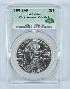 1991-95-D World War II Commemorative Silver Dollar MS69 CAC - Picture 1 of 5