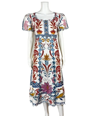 Vestido midi FARM RIO romántico ligereza 100 % lino recortes XS - NTSF Foto 1 de 4