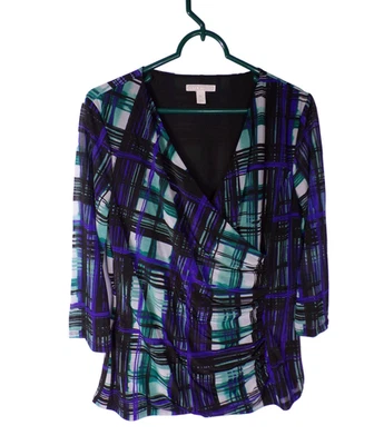 Camisa Top Cruzada Talla L Dana Buchman Negra Púrpura Verde Sobrepelliz Malla Poli Foto 1 de 4