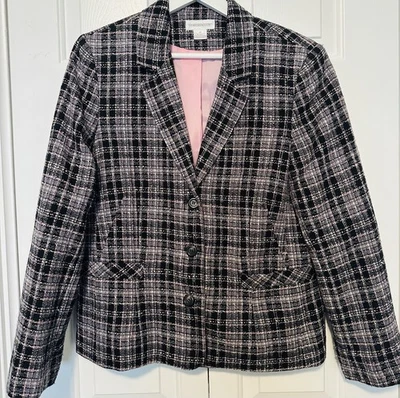 Chaqueta Blazer Worthington Para Mujer Talla 14 Blanca Negra Rosa Cuadros Carrera AC02 Foto 1 de 4