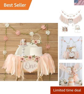 Estandarte de silla alta de primer cumpleaños Wildflower y colección adorno de pastel rosa dorado Foto 1 de 4