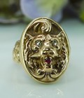 Art Nouveau Antique Diamond Ruby Lion Leo 14K Gold Ring Carved Estate Jewelry