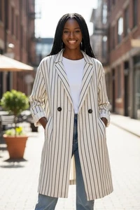 Topshop Women’s Size 10 Striped Longline Blazer Jacket Coat Beige Navy - Picture 1 of 4