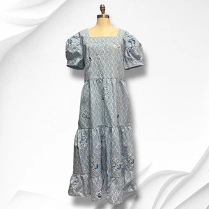 Maxi Abito Akebono Stampa Giapponese Taglia XL Bianco Blu Motivo Onda Cotone - Foto 1 di 9
