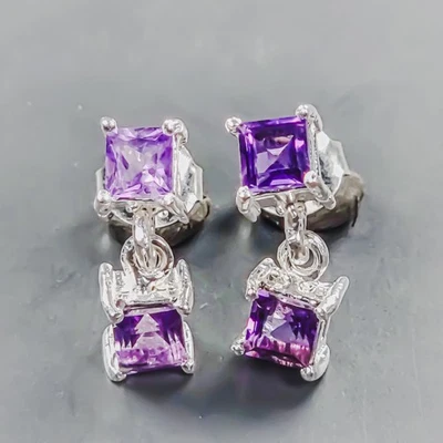 Pendientes de amatista natural hechos a mano de plata de ley 925/E129161 Foto 1 de 4