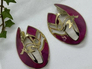 Vintage Berebi rosa Fusia Emaille goldfarben große Statement Ohrringe 2,5" - Bild 1 von 7