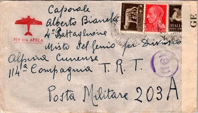 ITALY 1940'S WWII POSTAL MILITARY CENSORED AIRMAIL COVER ADDR & POSTMARK - Image 1 of 2