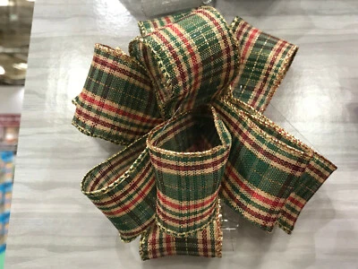  Luxury  Wire Edged Ribbon 1.5" 3.8cm Red Green Gold Tartan - Image 1 of 4