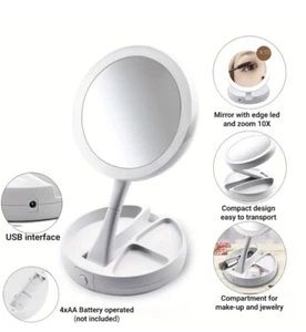 Foldable Double Sided Mirror With 10x Magnifying Cosmetic Lighted And Storage - Picture 1 of 4