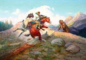 Horse Pack Horse Rider Bear Encounter by R Farrington Elwell - Picture 1 of 1