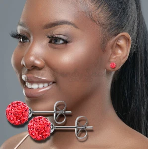 Women Dainty Red Crystal Disco Ball Shamballa Bead Piercing Studs Earrings 8MM - Picture 1 of 7