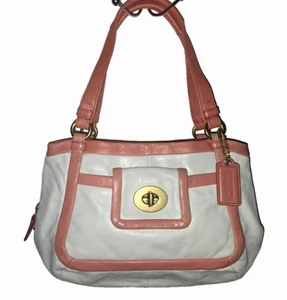 Vintage Coach Cricket White Leather Shoulder Bag Pink Trim Zipper 13601 - Picture 1 of 15
