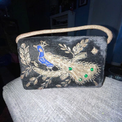 Antique Steel Braided Peacock Beaded Embroidered Black Velvet Bag NO SPOTS -VVG - Image 1 of 4