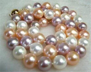 Natürliche 8/10/12 mm Südsee weiß rosa lila runde Muschel Perlenkette 18-36 Zoll - Bild 1 von 12