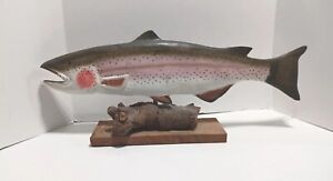 Carved Wood Large 23" Rainbow Trout Fish On Wood Stand Hunt Fjshing Cabin Decor