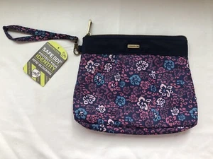 Travelon RFID Abstract Navy/Purple Floral Pattern Nylon Hand Clutch Purse - Picture 1 of 11