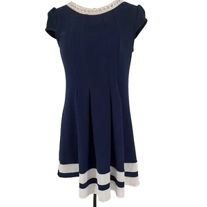 Monteau Girl Blue White Knit Pleated Dress Size 16XL Jewel Neckline Keyhole Neck - Picture 1 of 12