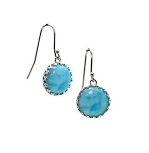 Genuine Larimar 10mm Round Cabochon Dangle Earrings .925 Sterling Silver - Picture 1 of 2