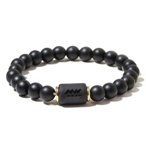 Zense - Aquarius Black Zodiac Men's Stretch Bracelet with Onyx Beads ZB0391 - Picture 1 of 4