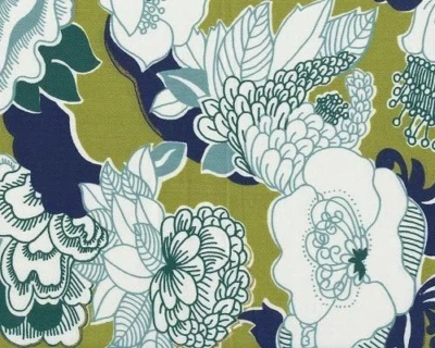 Tapicería para cortinas de tela Duralee Kiji verde aguamarina azul marino algodón oliva Foto 1 de 2