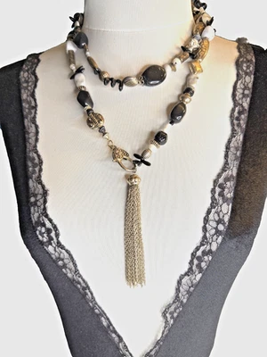 复古长串珠流苏项链黑色白色灰色玻璃珠波西米亚分层 44 — 第 1/4 张图片