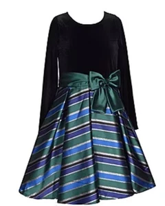 Size 16-Bonnie Jean  Big Girls Long Sleeve Fit + Flare Dress black/blue/greenNWT - Picture 1 of 4