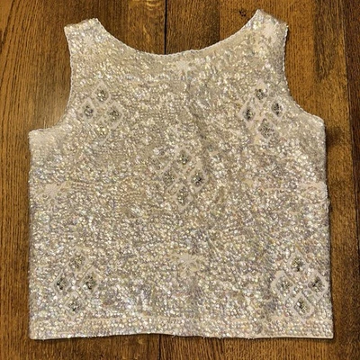 Vtg 50s 60s Hand Beaded Sequin Sleeveless Sweater Top Ivory 34 Glam Holiday Flaw - Image 1 of 4