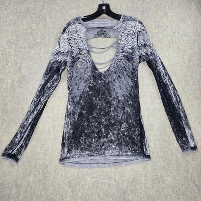 Affliction Womens Angel Wing Graphic Cutout Long Sleeve Top Y2K Black/Grey - Image 1 of 4