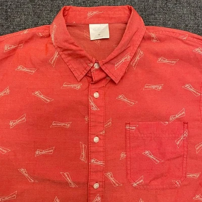 BUDWEISER Beer Mens MEDIUM Heavy  Red All-Over Print Button Down Short Sleeve - Image 1 of 4